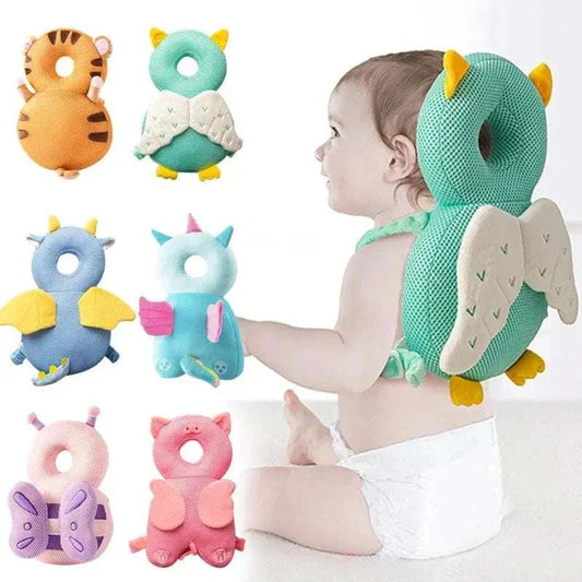 Baby wearing a green soft backpack cushion baby head protector pillow with animal design for toddler head protection from falls and bumps.