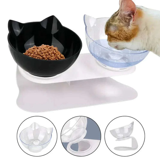 Cat eating from ergonomic double pet bowl set with raised stand and non-slip base, black and transparent bowls for food and water