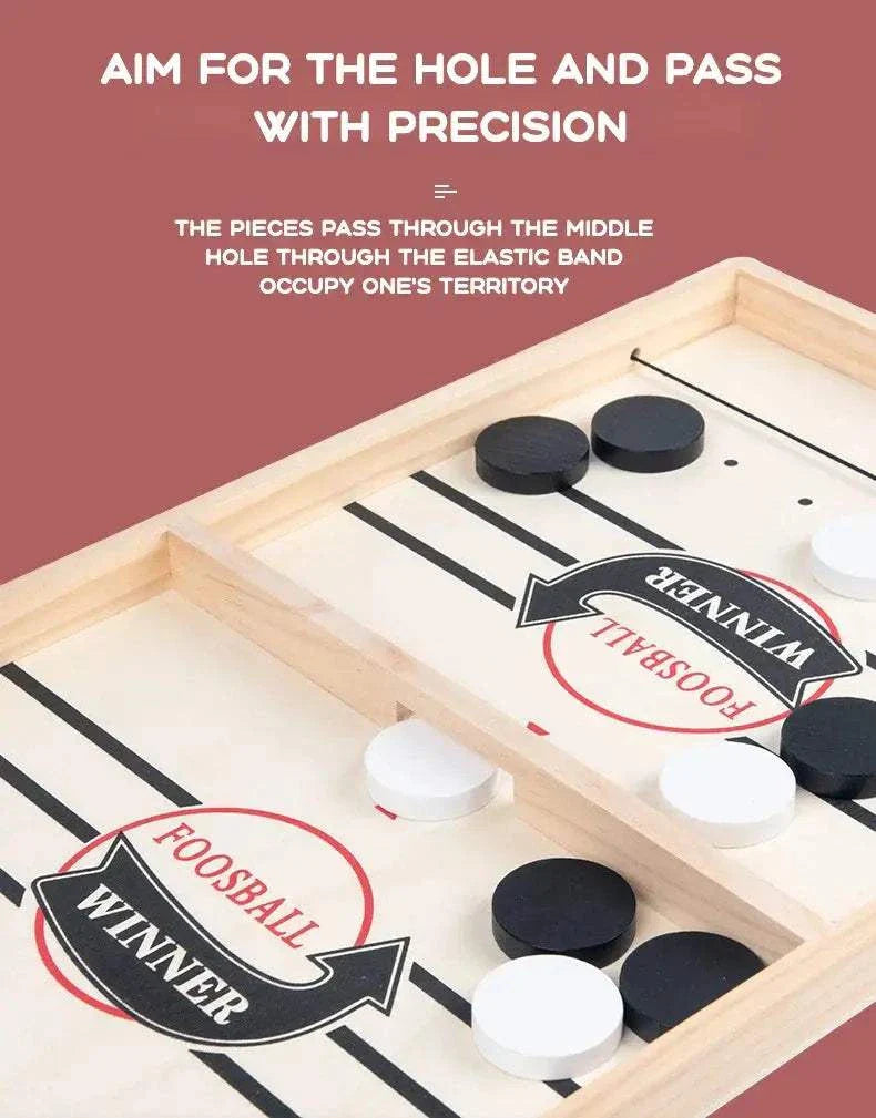 Fast Sling Puck Game wooden table with black and white pucks for fast-paced family competition