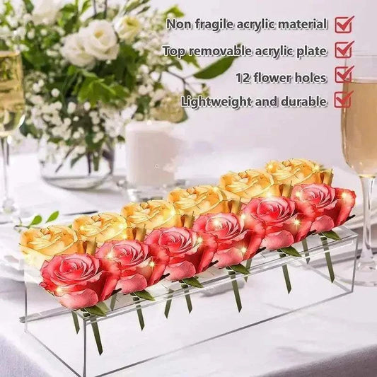 Transparent flower vase with 12 flower holes, rectangular clear acrylic centerpiece holding yellow and pink roses, lightweight and durable for events and home decor