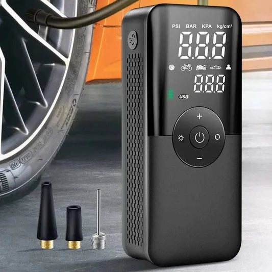 Compact rechargeable tire inflator with digital display and multiple nozzle adapters for cars and bikes