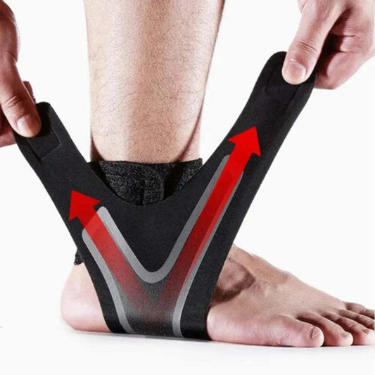 Elastic ankle support strap being wrapped around foot for adjustable compression and stability.