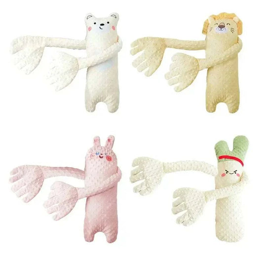 Newborn Sleep Comfort Pillow in various animal designs with soft fabric and extended arms for soothing baby sleep aid