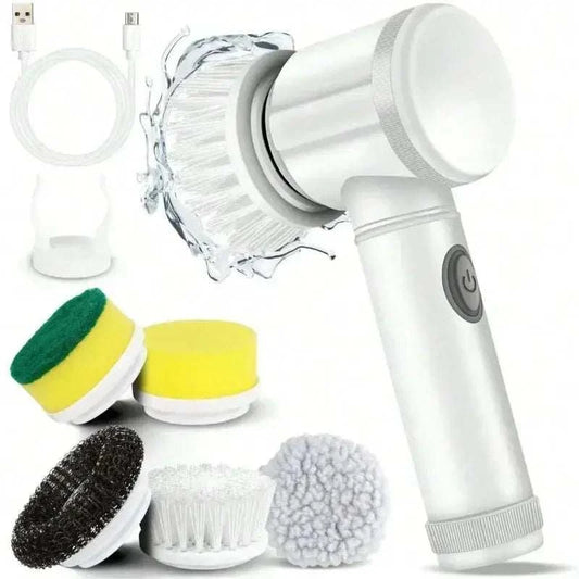 Electric Spin Scrubber with 5 replaceable cleaning brush heads and USB charger for versatile, cordless power cleaning.