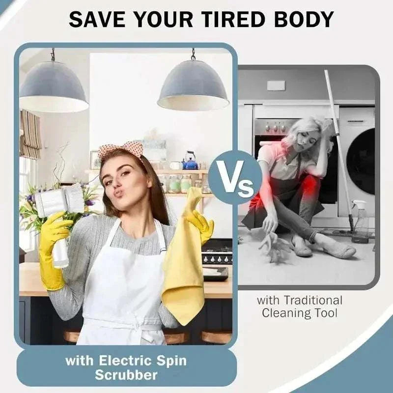 Woman happily cleaning kitchen with electric spin scrubber versus tired woman using traditional cleaning tool illustration