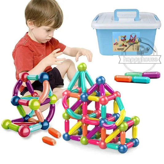 Child playing with colorful STEM magnetic building toys and carrying case educational construction set
