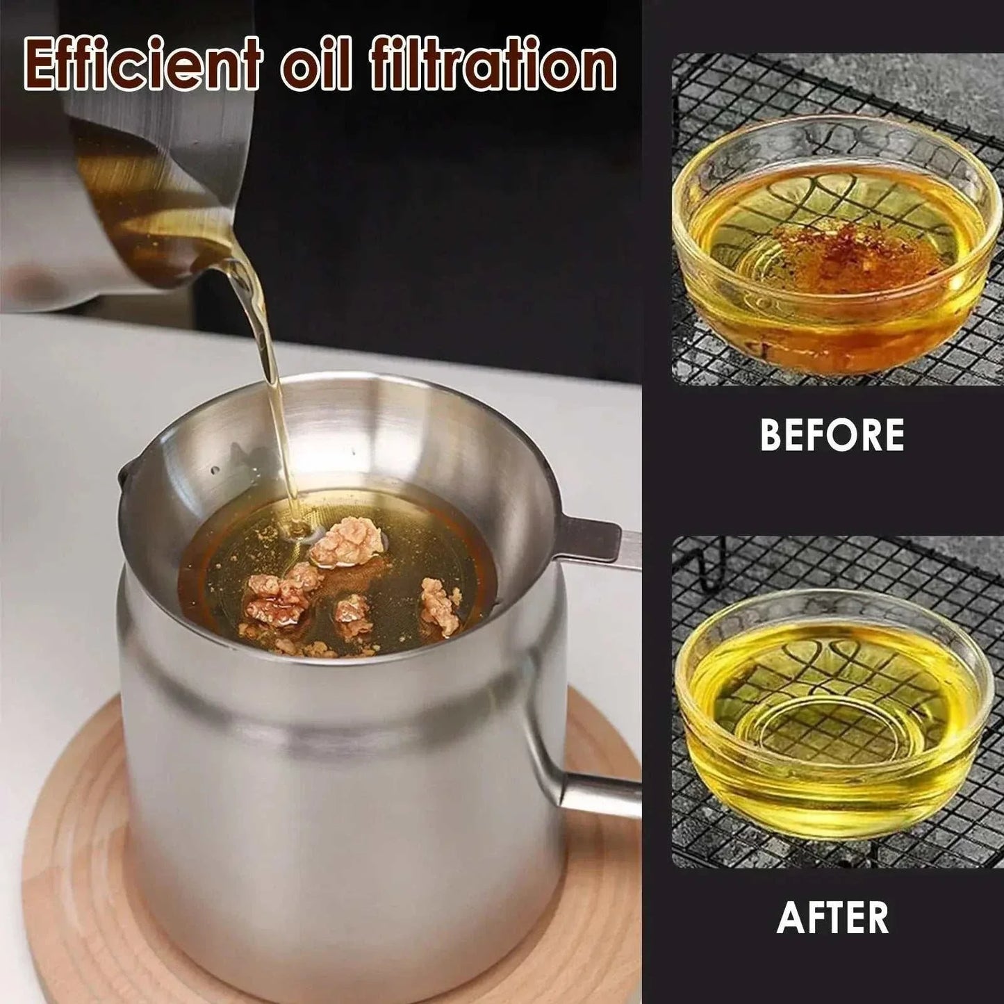 Stainless steel oil filter fry basket and storage pot straining used cooking oil with before and after oil clarity comparison