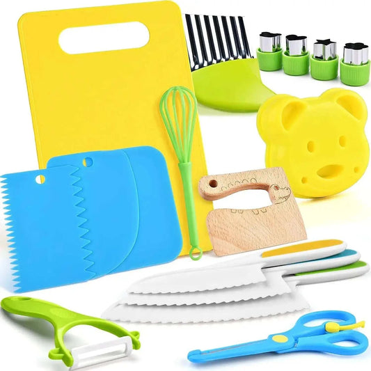 Montessori Kids Cooking Set with child-safe knives, utensils, and colorful kitchen tools for ages 2-8