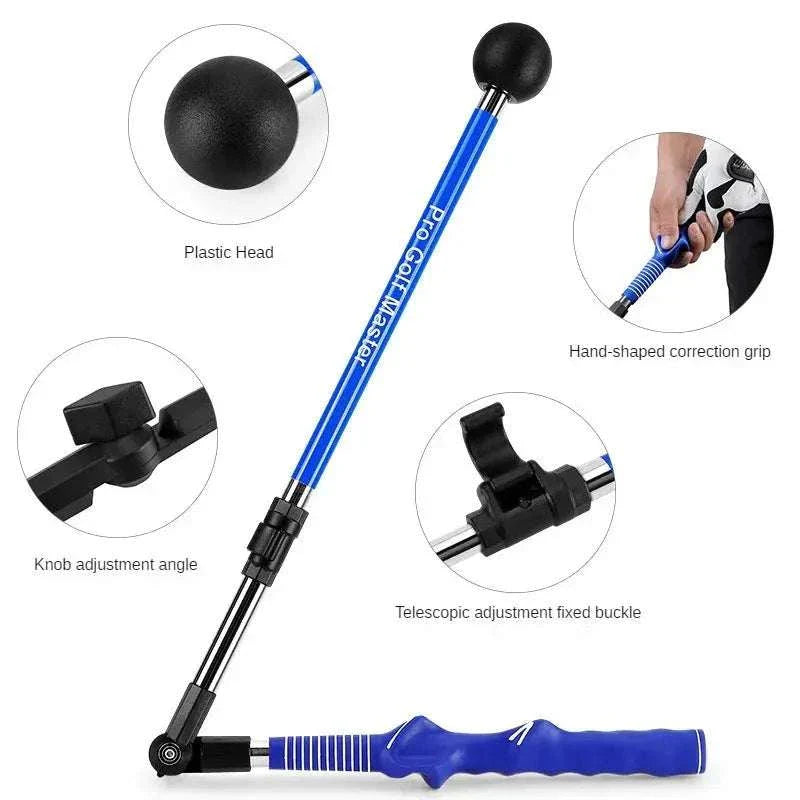 Golf Swing Alignment Trainer with plastic head, hand-shaped grip, adjustable angle knob, and telescopic buckle for golf practice and swing correction