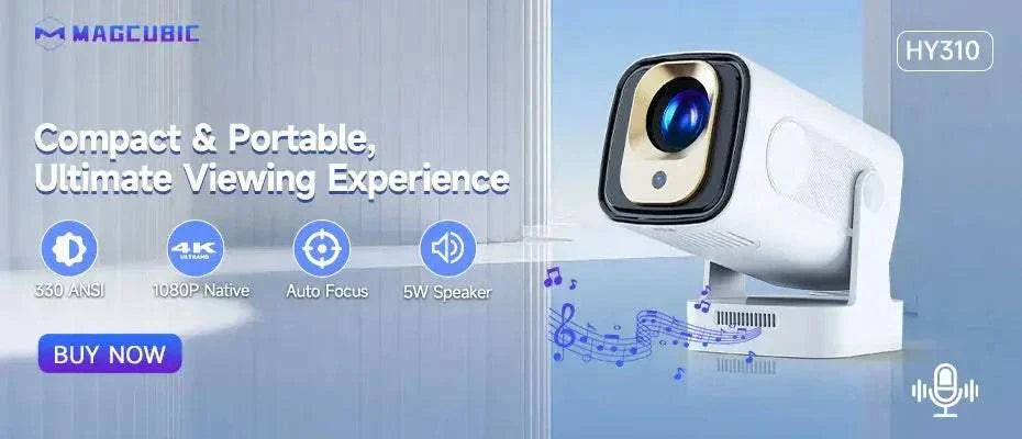 Compact and portable 4K Android projector with 1080P native resolution, auto focus, 5W speaker, and 330 ANSI lumens brightness