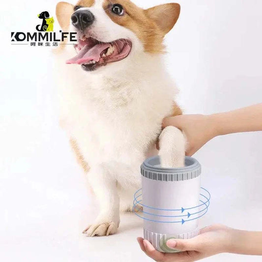Dog paw washer with gentle silicone bristles cleaning dog's paw for mess-free paw care