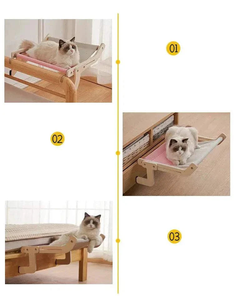 Cozy Cat Hammock wooden hanging bed with soft cotton canvas and cat lounging comfortably