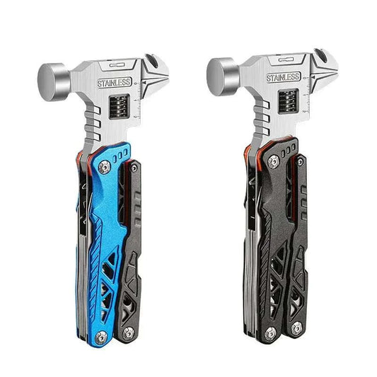 All-in-One Emergency Tool with hammer, pliers, and wrench, compact folding multitool for camping and repairs in blue and black designs