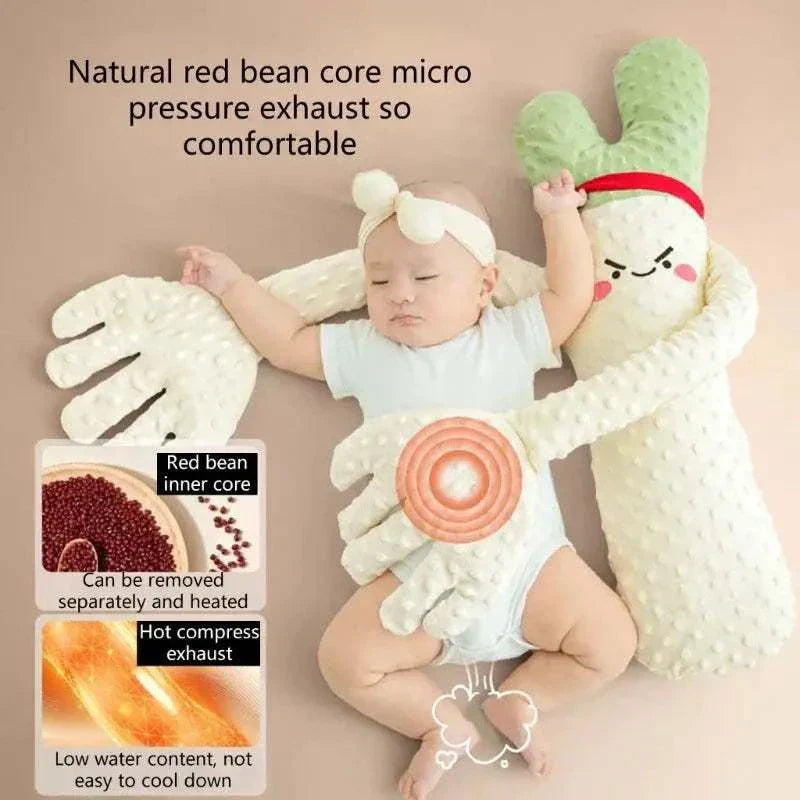 Newborn Sleep Comfort Pillow with soft hand shape, red bean core, and remote-controlled calming music for soothing babies.