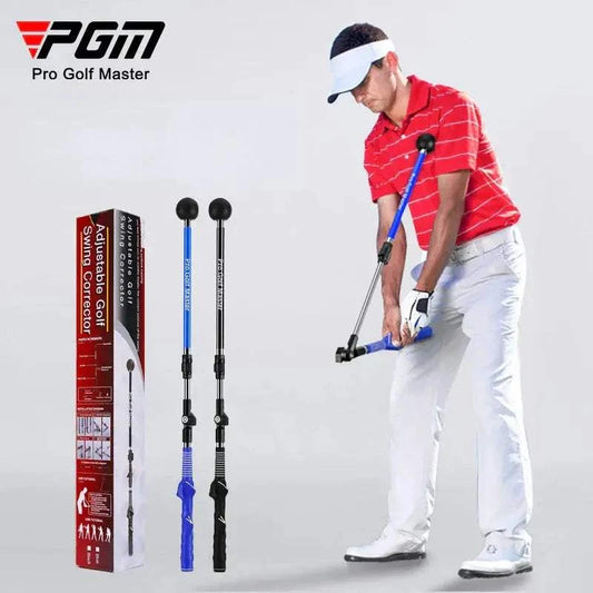 Golfer using Golf Swing Alignment Trainer practice tool with adjustable blue and black rods and packaging box nearby