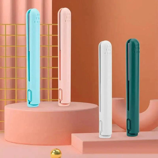 Portable 2-in-1 curling iron USB rechargeable straight and curl tool in blue, pink, white, and green colors on display stands