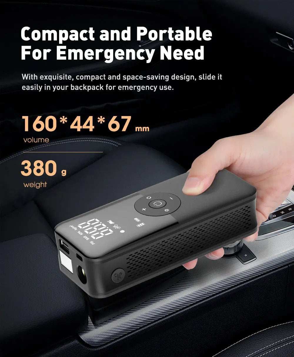 Compact rechargeable tire inflator with digital display, portable and cordless for emergency use in cars and bikes