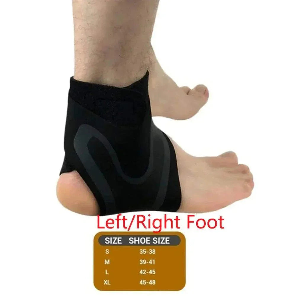 Elastic ankle support strap on foot providing adjustable compression and stability for injury relief and sports activities