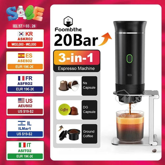 Wireless electric portable espresso machine brewing coffee with 3-in-1 capsule and ground coffee compatibility