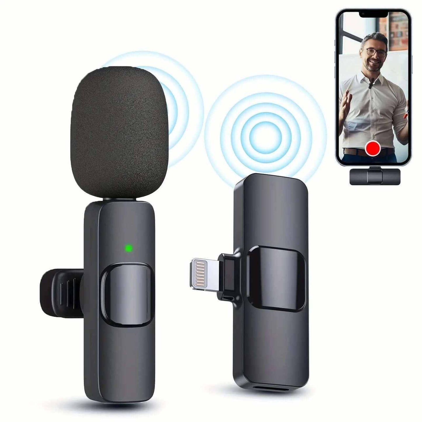 Wireless Lavalier Mic with plug-and-play design for iPhone and iPad recording, noise reduction, and 65ft range