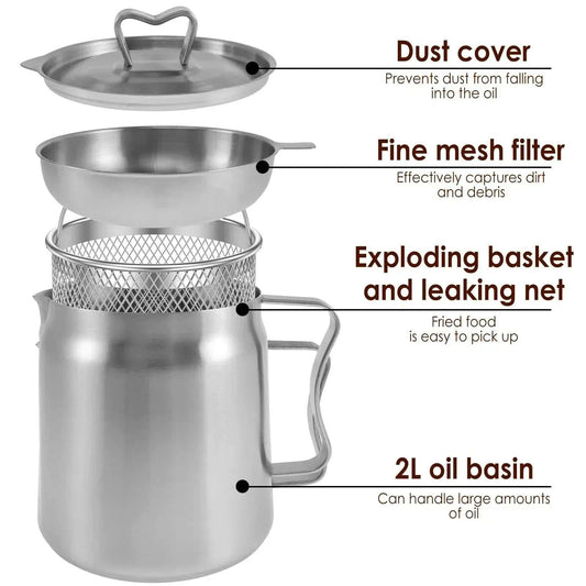 Stainless steel oil filter fry basket with fine mesh strainer and 2L storage pot for clean oil reuse