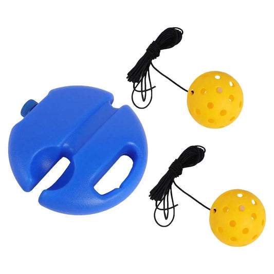 Pickleball Skill Trainer with blue base and two yellow tethered practice balls for solo reflex and coordination training